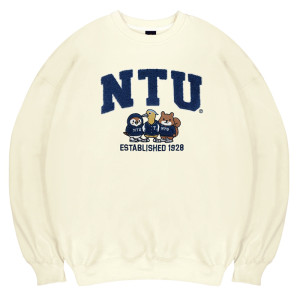 NTU立體毛巾繡萌三寶落肩大學T_奶油白