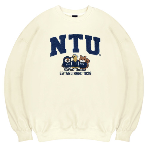 NTU立體毛巾繡萌三寶落肩大學T_奶油白