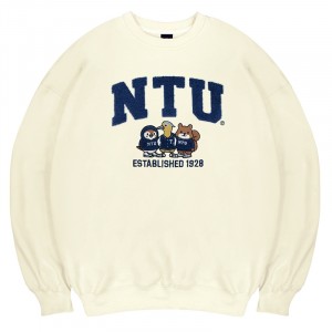 NTU立體毛巾繡萌三寶落肩大學T_奶油白
