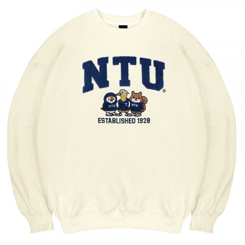 NTU立體毛巾繡萌三寶落肩大學T_奶油白