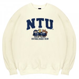 NTU立體毛巾繡萌三寶落肩大學T_奶油白