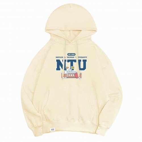 【預購至11/9，12/8陸續出貨】dtto friends合作款_NTU校門限定款_腸太郎＆好鴨落肩帽T_奶油白
